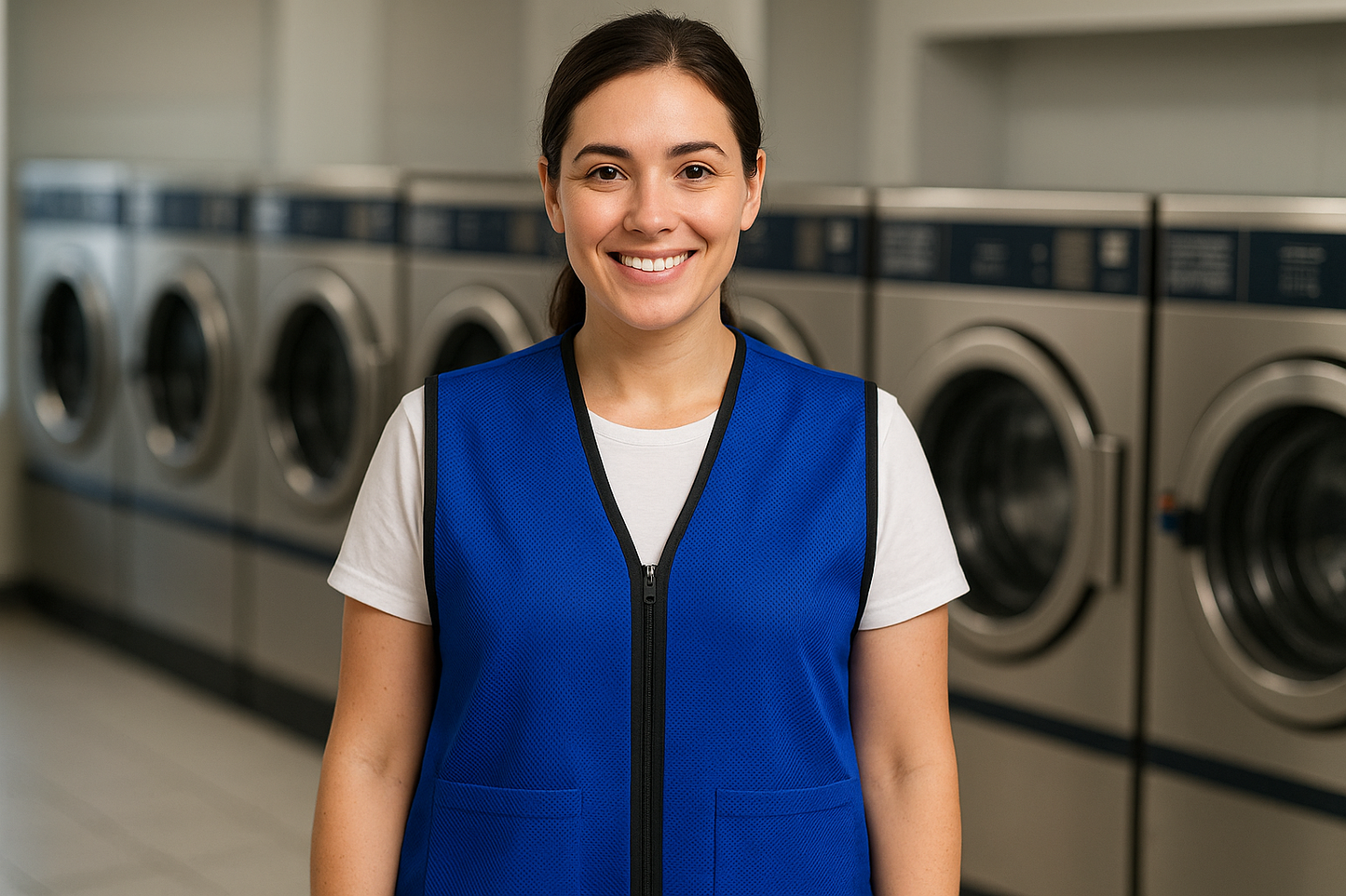 laundromat attendant wearing royal blue mesh vest with black trim and zipper. Add 2 front pockets near bottom of vest in royal blue mesh, pockets without trim