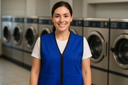 laundromat attendant wearing royal blue mesh vest with black trim and zipper. Add 2 front pockets near bottom of vest in royal blue mesh, pockets without trim