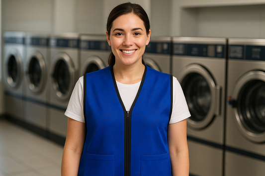 laundromat attendant wearing royal blue mesh vest with black trim and zipper. Add 2 front pockets near bottom of vest in royal blue mesh, pockets without trim